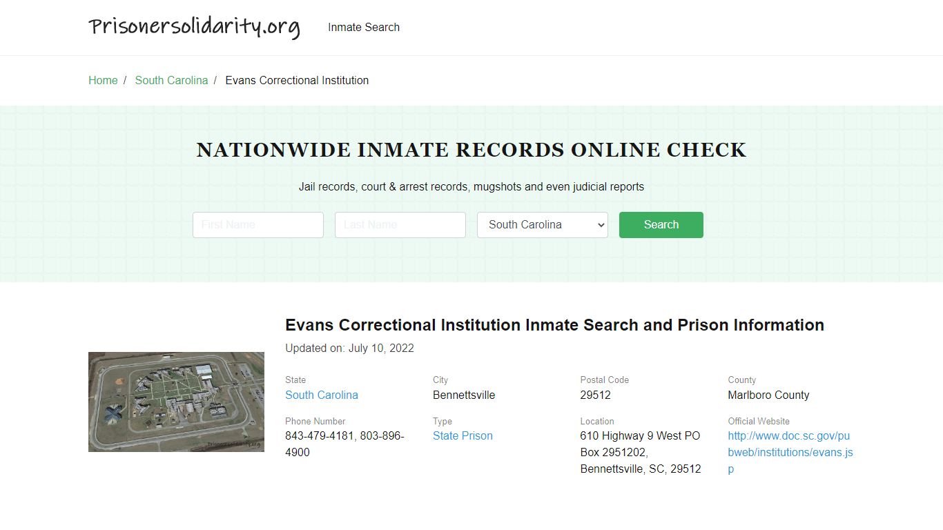 Evans Correctional Institution Inmate Search, Visitation, Phone no ...