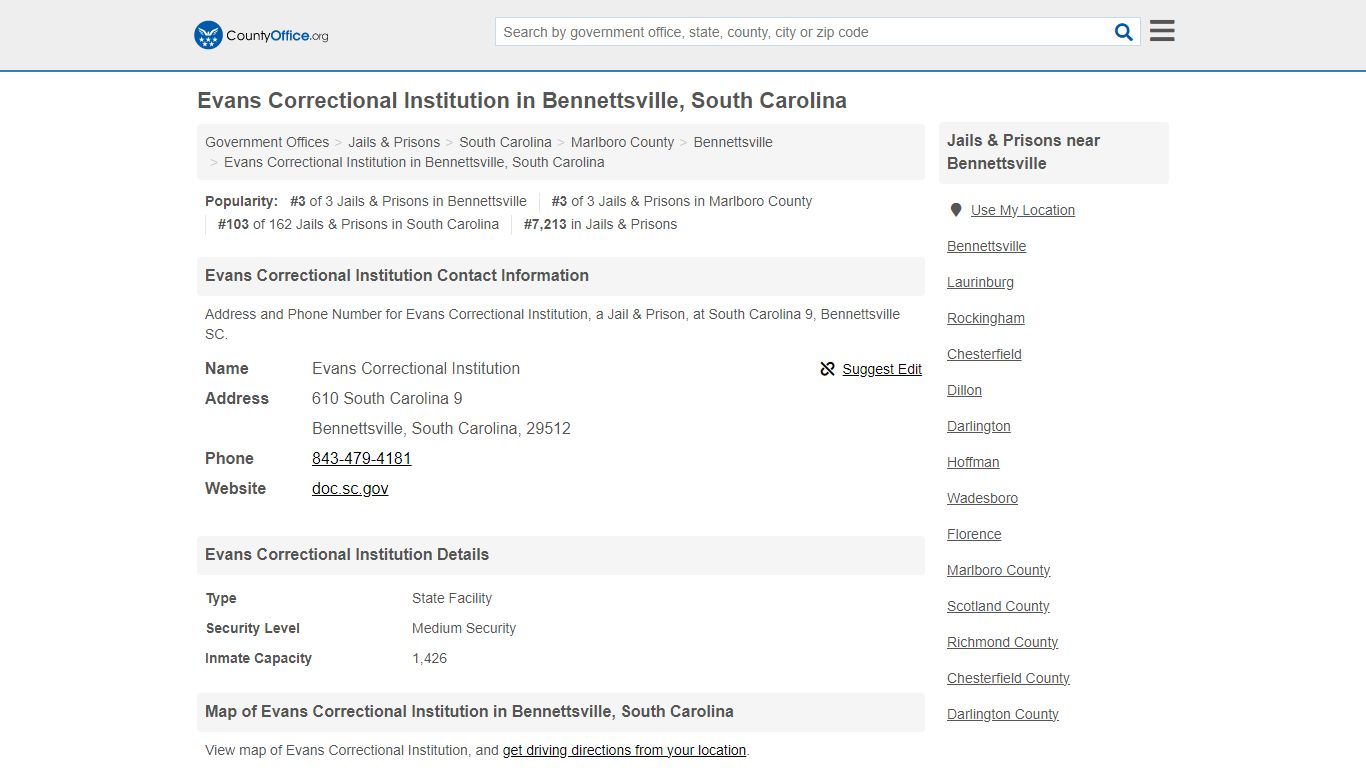 Evans Correctional Institution - Bennettsville, SC (Address and Phone)